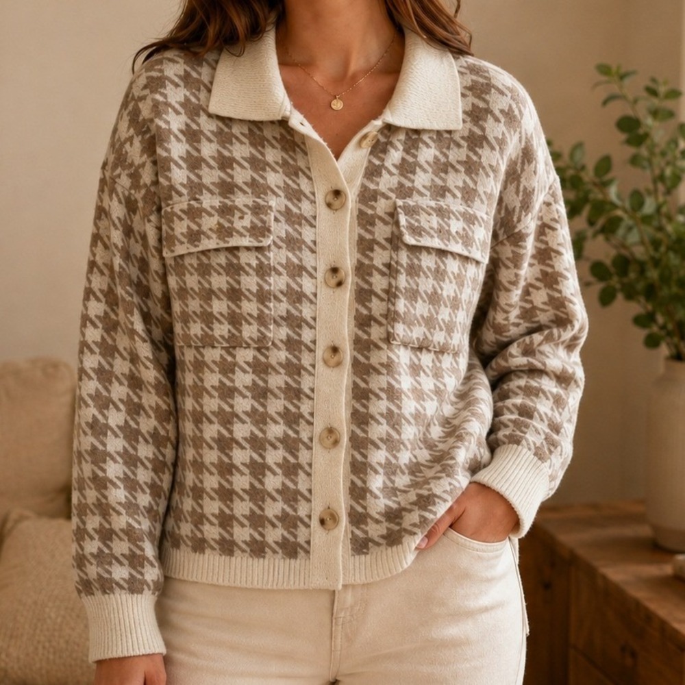 Womens Houndstooth Button Front Polo Collar Cardigan Tan Cream Prep Old Money M